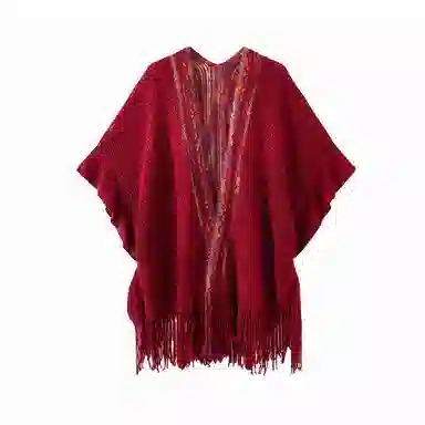 北极绒 潮流氛围感民族风开衩荷叶边时尚镂空开衫外搭 披肩 男女同款情侣款