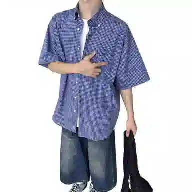 沐诚阳译 美式复古格子夏季潮牌潮流宽松百搭休闲衬衣外套短袖衬衫 男款