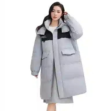 鸭鸭 拼色简约保暖纯色舒适休闲连帽长款外套羽绒服 男女同款