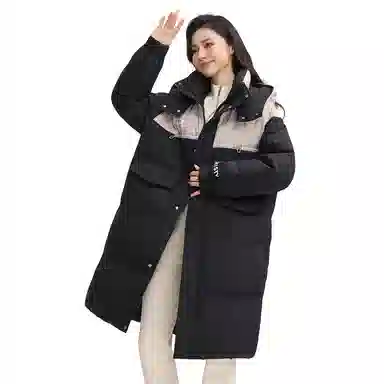 鸭鸭 拼色简约保暖纯色舒适休闲连帽长款外套羽绒服 男女同款