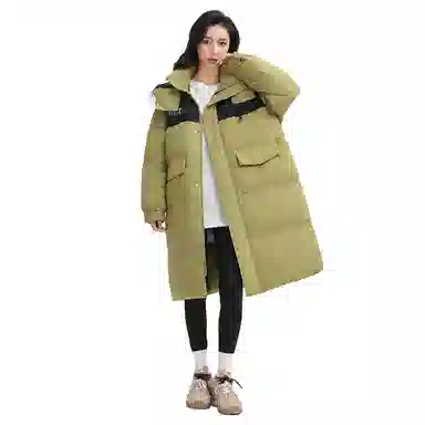 鸭鸭 拼色简约保暖纯色舒适休闲连帽长款外套羽绒服 男女同款