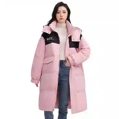鸭鸭 拼色简约保暖纯色舒适休闲连帽长款外套羽绒服 男女同款