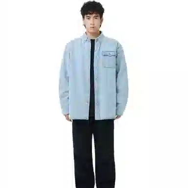 中国李宁 黄金年代 水洗字母图案印花单排扣牛仔长袖衬衫 男款 浅蓝色