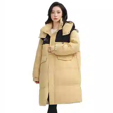 鸭鸭 拼色简约保暖纯色舒适休闲连帽长款外套羽绒服 男女同款