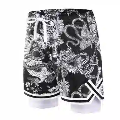 特色玫瑰蛇纹拼花透气速干凉感宽松篮球训练五分假两件裤运动短裤 男女同款