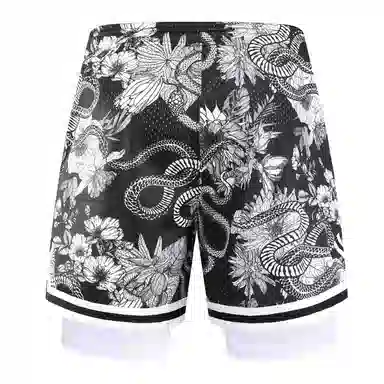 特色玫瑰蛇纹拼花透气速干凉感宽松篮球训练五分假两件裤运动短裤 男女同款