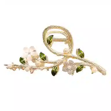 建禄 高级感大号绿叶花朵简约盘发后脑勺半扎发小清新小众设计优雅气质通勤百搭 合金 发夹 女款