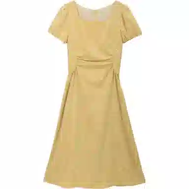 谜秀 提花国风泡泡袖短袖连衣裙 女款 姜黄色