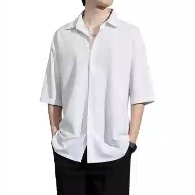 帝狼牛 夏季冰丝薄款纯色尖领宽松百搭防晒短袖衬衣衬衫 男款