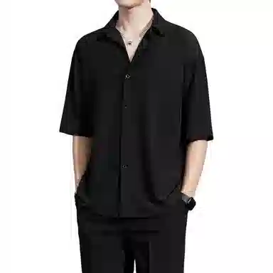 帝狼牛 夏季冰丝薄款纯色尖领宽松百搭防晒短袖衬衣衬衫 男款