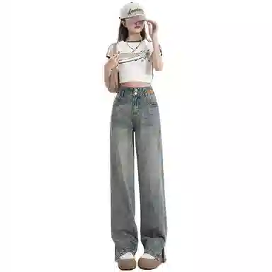 玫丝朵 美式复古高腰直筒牛仔裤 女款