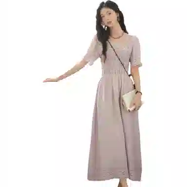 谜秀 蕾丝夏季纯色短袖连衣裙 女款 紫色