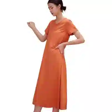 莫代尔 长绒纯棉圆领宽松纯色短袖连衣裙 女款