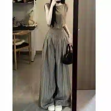 沐晓欣 韩系无袖上衣条纹阔腿裤休闲套装 女款