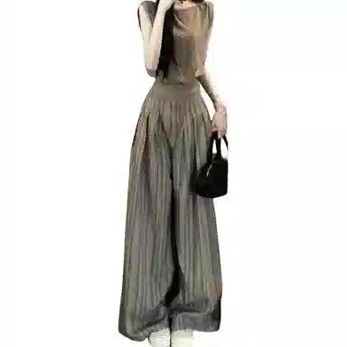 沐晓欣 韩系无袖上衣条纹阔腿裤休闲套装 女款