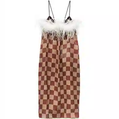 桑罗 方格摩登时尚吊带裙复古英伦格纹可外穿桑蚕丝裙无袖睡裙 女款