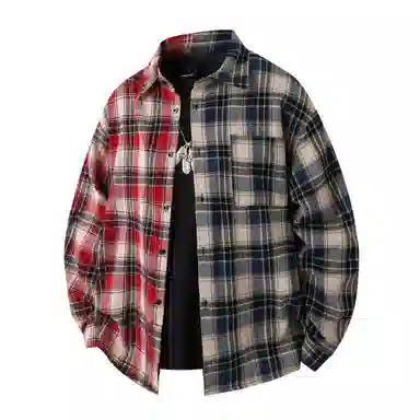 【dme】 撞色格子系列 设计感纯棉早秋小众休闲复古美式上衣痞帅红蓝高级长袖衬衫 男女同款