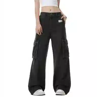 王者荣耀 鲁班七号款 美式街头舒适宽松水洗做旧大口袋设计装饰微喇拖地长裤牛仔裤 男女同款