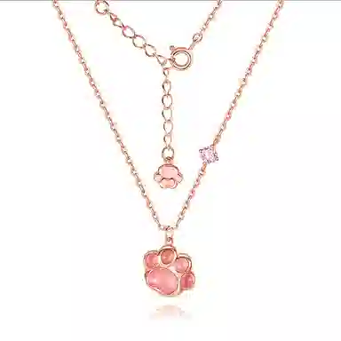 福茹记 粉嘟嘟 可爱猫爪粉色萌猫咪招财猫治愈系小动物饰品 精致氛围感百搭#好运 粉水晶 项链 女款