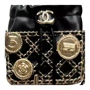 CHANEL Chain Drawstring Leather Coin Bag Black
