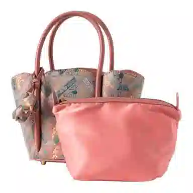 上海故事 时尚百搭经典 牛皮拼桑蚕丝 菜篮子包手提包 女款 粉色