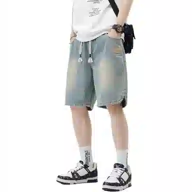 顶峰保罗 星空纹水洗撞色直筒五分裤美式复古薄款潮牌宽松舒适小众百搭休闲阔腿牛仔短裤 男女同款