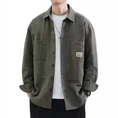 顶峰保罗 美式复古工装长袖衬衫无性别主义宽松百搭翻领开衫单排扣纯棉上衣休闲时尚潮牌夹克 男女同款