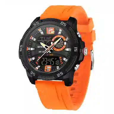 三达 潮流个性时尚百搭休闲双显示腕表 电子+石英机芯 硅胶表带 国表 男表 黑色表盘 防水夜光闹钟多功能手表