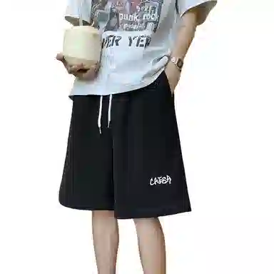 顶峰保罗 纯色简约百搭字母印花直筒五分裤美式复古潮牌宽松小众高街痞帅舒适休闲短裤 男女同款