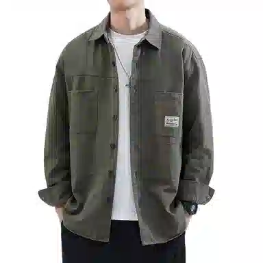 顶峰保罗 美式复古工装长袖衬衫无性别主义宽松百搭翻领开衫单排扣纯棉上衣休闲时尚潮牌夹克 男女同款