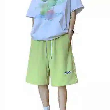 顶峰保罗 纯色简约百搭字母印花直筒五分裤美式复古潮牌宽松小众高街痞帅舒适休闲短裤 男女同款