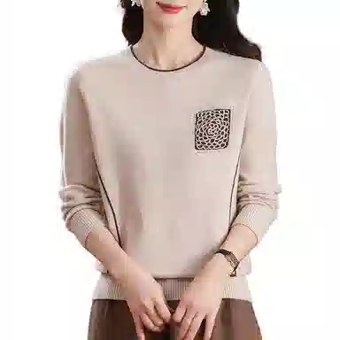 恒源祥 时尚百搭减龄圆领纯色印花质感羊毛针织衫 女款