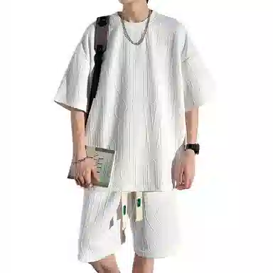 顶峰保罗 简约小众设计感冰丝薄款舒适无性别主义圆领短袖上衣美式潮牌宽松短裤休闲运动套装 男女同款