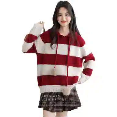 柏黛妃 条纹连帽套头宽松慵懒风针织衫 女款