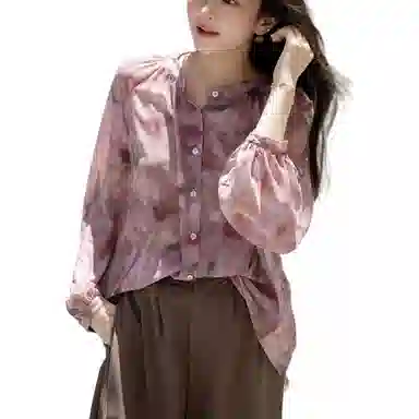 【dme】 复古飘逸印花立领宽松气质长袖衬衫 女款