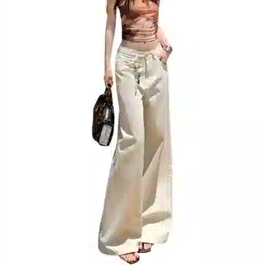 兰缪 美式高街辣妹风纯棉街头潮搭高腰显瘦时尚宽松大长腿阔腿拖地休闲直筒裤牛仔裤 女款