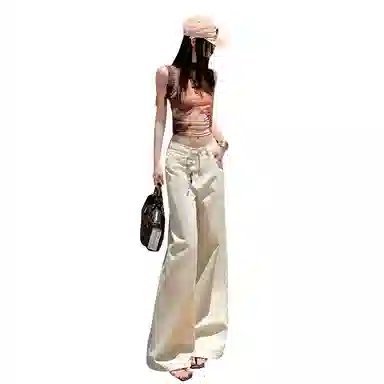 兰缪 美式高街辣妹风纯棉街头潮搭高腰显瘦时尚宽松大长腿阔腿拖地休闲直筒裤牛仔裤 女款