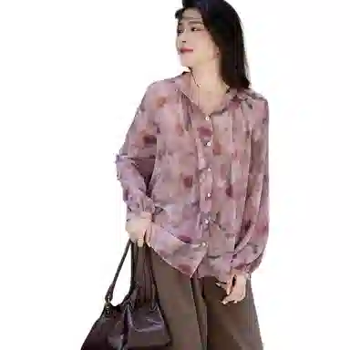 【dme】 复古飘逸印花立领宽松气质长袖衬衫 女款