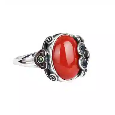 琦珂 花型花朵复古新中式做旧红色吉利开口食指戒#好运天然 玛瑙 戒指 女款