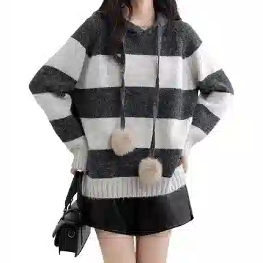 柏黛妃 条纹连帽套头宽松慵懒风针织衫 女款