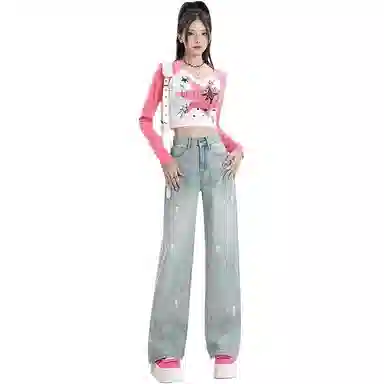 么宁 宽松高腰复古感拖地裤牛仔裤 女款