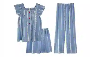 夏芬妍 甜美少女风蕾丝条纹小飞袖家居服舒适柔软休闲带胸垫三件套可外穿睡衣套装 女款