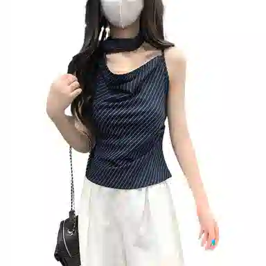 缪斯的诱惑 设计感斜肩荡领挂脖飘带女夏季气质时尚修身短款上衣吊带 女款