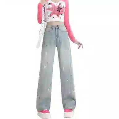 么宁 宽松高腰复古感拖地裤牛仔裤 女款