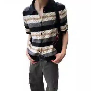 虫小绿 美式复古慵懒休闲新贵老钱风针织半袖上衣衬衫 男女同款