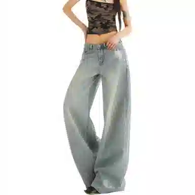 兰缪 美式设计感时尚复古水洗做旧直筒裤垂感百搭宽松高腰显瘦显高牛仔裤 女款