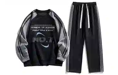 王者荣耀 鲁班七号款 美式高街拼接撞色条杠圆领长袖上衣时尚百搭宽松舒适长裤休闲运动套装 男女同款