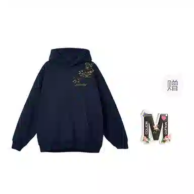 棉购 重磅黑金仿刺绣潮流连帽宽松加绒加厚中国风花卉印花上衣长袖卫衣 男女同款