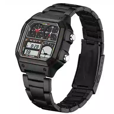 三达 简约大气复古方块腕表 双显示测温三地时间 电子+石英机芯 钢表带 国表 男表 黑色表盘 防水