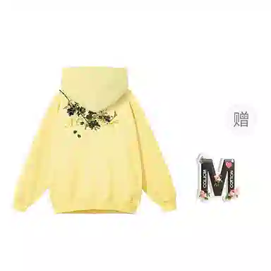 棉购 重磅黑金仿刺绣潮流连帽宽松加绒加厚中国风花卉印花上衣长袖卫衣 男女同款